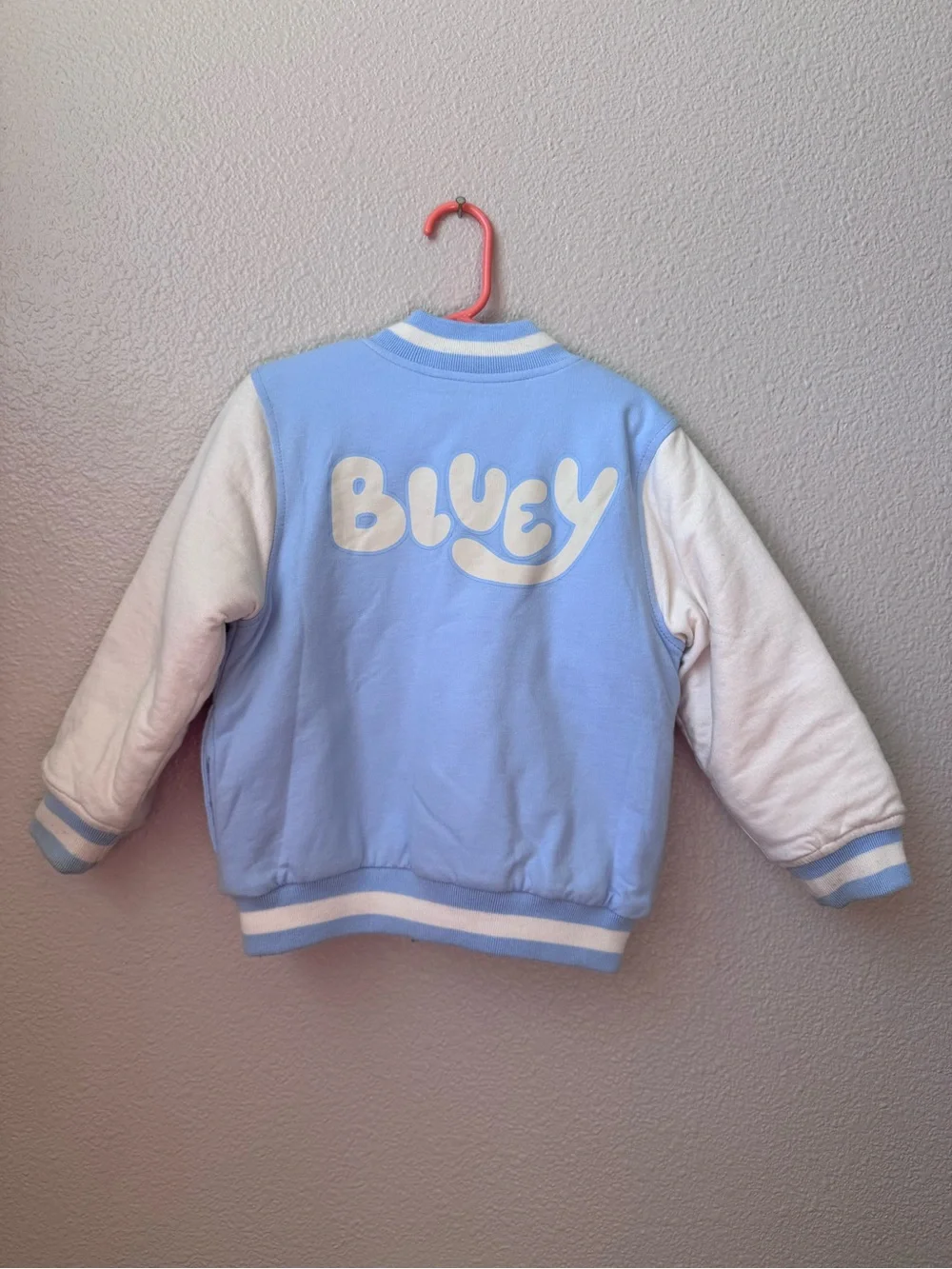 Bluey Toddler Varsity Jacket 4T Quilted Snap Front Blue & White Cartoon Coat